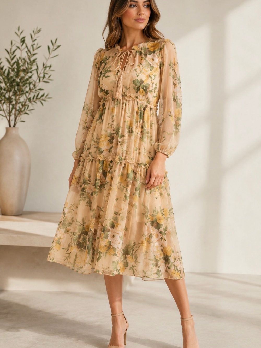 OPT one pretty time Floral Tiered Midi Dress in  yellow Green dainty
